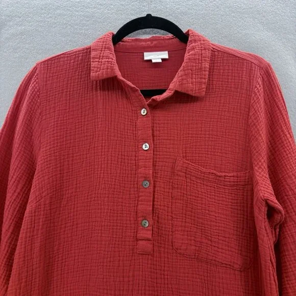 J. Jill Cotton-Gauze Shirtdress in Persimmon Red Orange SZ Small Beachy, Coastal - Picture 3 of 15